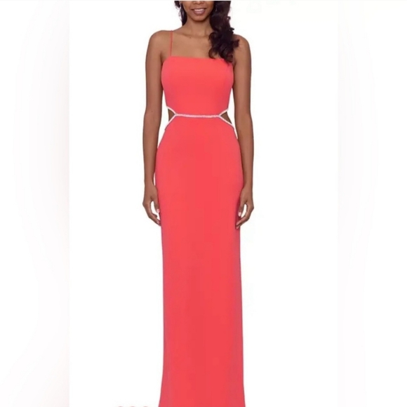 Xscape Scuba Crepe Waist Cut Out formal dress in coral - Picture 1 of 8